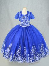 Simple Tulle Spaghetti Straps Sleeveless Lace Up Beading and Embroidery Little Girl Pageant Dress in Royal Blue