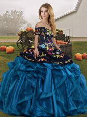 Discount Sleeveless Organza Floor Length Lace Up 15th Birthday Dress in Blue And Black with Embroidery and Ruffles