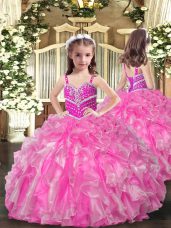 Floor Length Rose Pink Little Girl Pageant Gowns Organza Sleeveless Beading and Ruffles