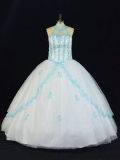 Romantic Tulle Halter Top Sleeveless Lace Up Appliques 15th Birthday Dress in Blue And White