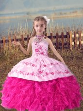 Nice Beading and Embroidery and Ruffles Kids Pageant Dress Hot Pink Lace Up Sleeveless Floor Length