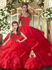 Graceful Sleeveless Floor Length Ruffles Lace Up Sweet 16 Quinceanera Dress with Red