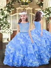 Blue Sleeveless Organza Zipper Little Girl Pageant Dress for Party and Sweet 16 and Wedding Party