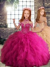 Custom Designed Fuchsia Girls Pageant Dresses Party with Beading and Ruffles High-neck Sleeveless Lace Up