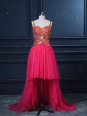 Custom Made Hot Pink Sleeveless Beading and Lace and Sequins High Low Dress for Prom
