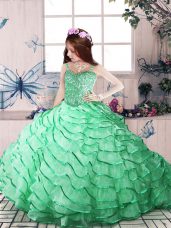 Apple Green Ball Gowns Organza Straps Sleeveless Beading and Ruffled Layers Lace Up Casual Dresses Court Train
