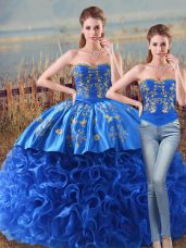 Vintage Royal Blue Two Pieces Fabric With Rolling Flowers Sweetheart Sleeveless Embroidery and Ruffles Lace Up Quinceanera Gown Brush Train