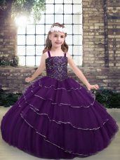 Admirable Floor Length Eggplant Purple Little Girls Pageant Gowns Tulle Sleeveless Beading and Ruffled Layers