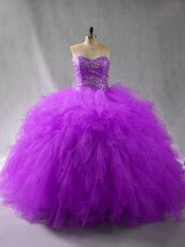 Decent Purple Sleeveless Floor Length Beading and Ruffles Lace Up Quinceanera Gown