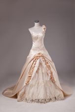One Shoulder Sleeveless Brush Train Lace Up Quinceanera Gown Champagne Satin