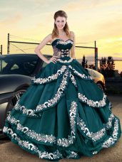 Colorful Sleeveless Floor Length Embroidery and Ruffled Layers Lace Up Vestidos de Quinceanera with Peacock Green