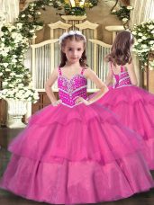 Lilac Sleeveless Floor Length Beading and Ruffled Layers Lace Up Girls Pageant Dresses