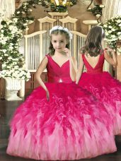 Charming V-neck Sleeveless Pageant Dress Wholesale Floor Length Beading and Ruffles Hot Pink Tulle
