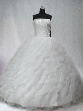 White Sleeveless Beading and Ruching Lace Up Quince Ball Gowns