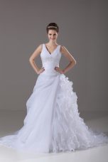 White A-line Organza V-neck Sleeveless Beading and Ruffles Lace Up Bridal Gown Brush Train