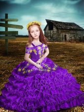 Short Sleeves Organza Floor Length Lace Up Little Girl Pageant Dress in Purple with Embroidery and Ruffled Layers