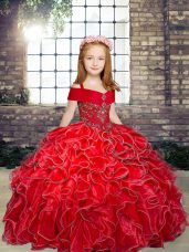 Great Ball Gowns Child Pageant Dress Red Straps Organza Sleeveless Floor Length Lace Up