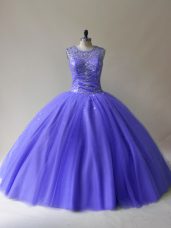 Amazing Ball Gowns Vestidos de Quinceanera Purple Scoop Tulle Sleeveless Floor Length Lace Up