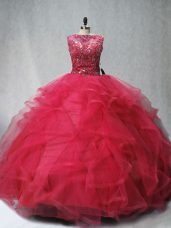 Scoop Sleeveless Brush Train Lace Up Quinceanera Dress Coral Red Tulle