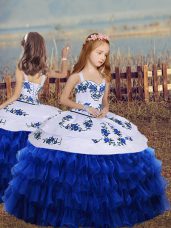 Beauteous Royal Blue Lace Up Straps Embroidery and Ruffled Layers Little Girl Pageant Dress Organza Sleeveless
