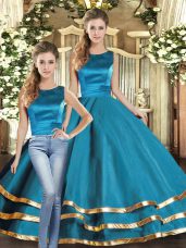 Great Teal Sleeveless Tulle Lace Up 15th Birthday Dress for Military Ball and Sweet 16 and Quinceanera