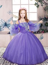 Hot Sale Lavender Sleeveless Floor Length Beading Lace Up Little Girls Pageant Gowns