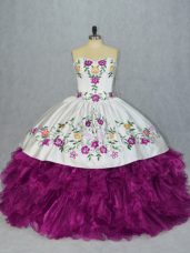 Fuchsia Quinceanera Gown Sweet 16 and Quinceanera with Embroidery and Ruffles Sweetheart Sleeveless Lace Up