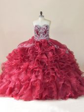 Dazzling Wine Red Organza Lace Up Sweetheart Sleeveless Ball Gown Prom Dress Brush Train Beading and Appliques and Ruffles