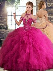 Cute Sleeveless Floor Length Beading and Ruffles Lace Up Quinceanera Gowns with Fuchsia