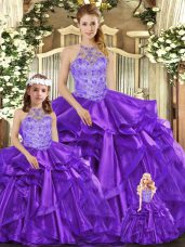 Super Purple Halter Top Lace Up Beading and Ruffles Sweet 16 Dresses Sleeveless