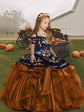 High Class Floor Length Lace Up Little Girl Pageant Gowns Brown for Party and Wedding Party with Embroidery and Ruffles
