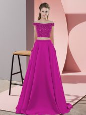 Artistic Fuchsia Custom Made Prom and Party with Beading Off The Shoulder Sleeveless Sweep Train Backless