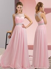 Baby Pink Backless Scoop Beading Prom Party Dress Chiffon Sleeveless