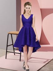 Comfortable Purple Zipper Bridesmaid Dresses Lace Sleeveless High Low