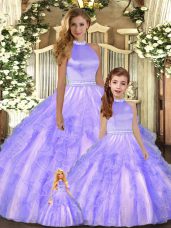 Hot Selling Tulle Halter Top Sleeveless Backless Beading and Ruffles Quinceanera Dresses in Lavender