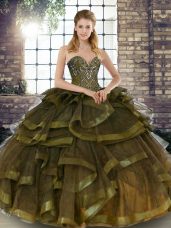 Tulle Sweetheart Sleeveless Lace Up Beading and Ruffles Quinceanera Gown in Olive Green