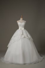 Pretty Sweetheart Sleeveless Wedding Gown Brush Train Beading and Lace and Bowknot White Organza