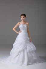 Beautiful White Organza Lace Up Wedding Dress Sleeveless Brush Train Pick Ups and Hand Made Flower