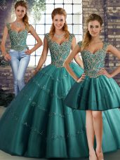 Teal Straps Lace Up Beading and Appliques Quinceanera Gowns Sleeveless