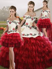 Wine Red Organza Lace Up Sweet 16 Quinceanera Dress Sleeveless Floor Length Embroidery and Ruffled Layers