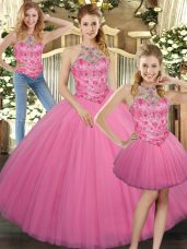 Rose Pink Halter Top Lace Up Embroidery Quinceanera Gown Sleeveless