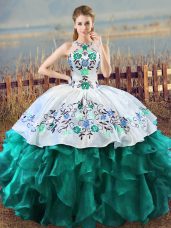Comfortable Turquoise Lace Up Halter Top Embroidery and Ruffles Quinceanera Gown Organza Sleeveless