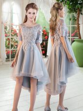 Grey Lace Up Scoop Appliques Homecoming Dress Tulle Half Sleeves