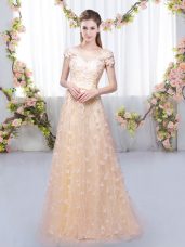 Classical Cap Sleeves Tulle Floor Length Lace Up Court Dresses for Sweet 16 in Peach with Appliques