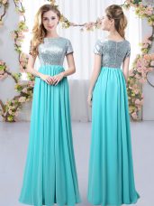 Cute Floor Length Empire Short Sleeves Aqua Blue Wedding Guest Dresses Zipper
