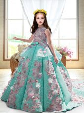 Fancy Turquoise Pageant Dress for Womens Wedding Party with Appliques High-neck Sleeveless Court Train Backless