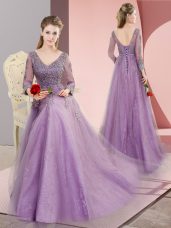 Sumptuous Tulle V-neck Long Sleeves Sweep Train Lace Up Beading and Appliques Evening Dress in Lavender