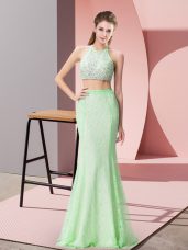 Pretty Lace Halter Top Sleeveless Backless Beading and Lace Prom Evening Gown in Apple Green