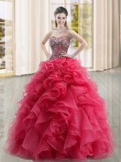 Coral Red Ball Gowns Beading and Ruffles Sweet 16 Dresses Lace Up Organza Sleeveless Floor Length