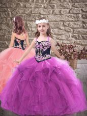 Purple Straps Neckline Embroidery and Ruffles Pageant Gowns Sleeveless Lace Up